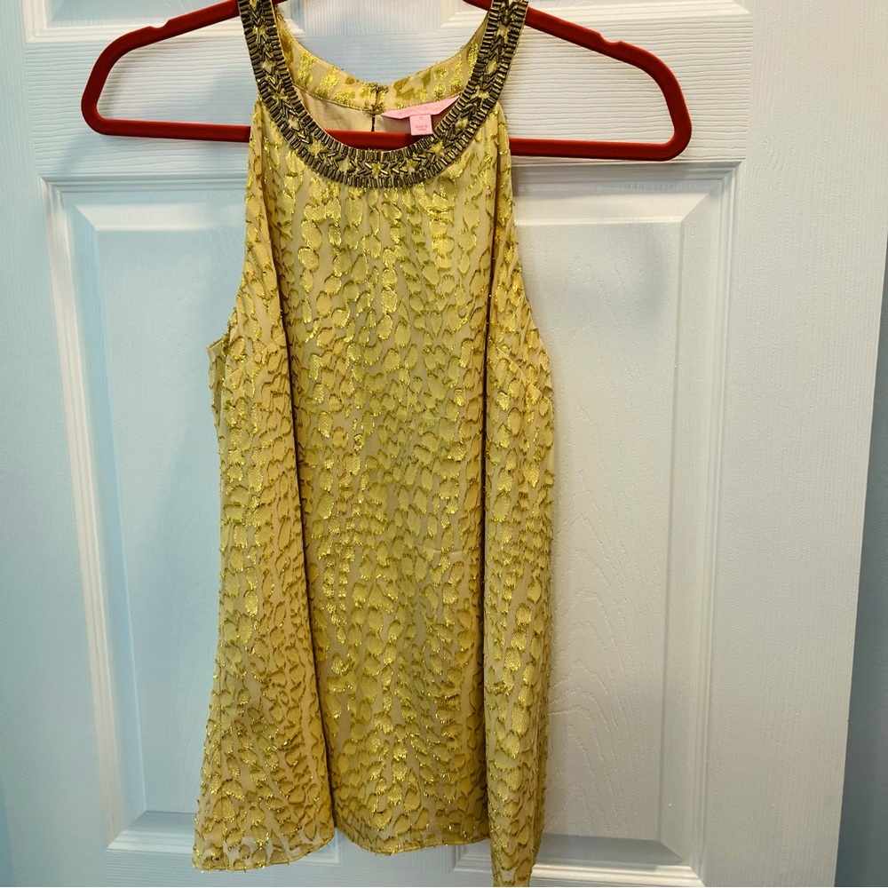 Lilly Pulitzer Gold Sleeveless Top with Embellished Neckline Animal Clip Pattern